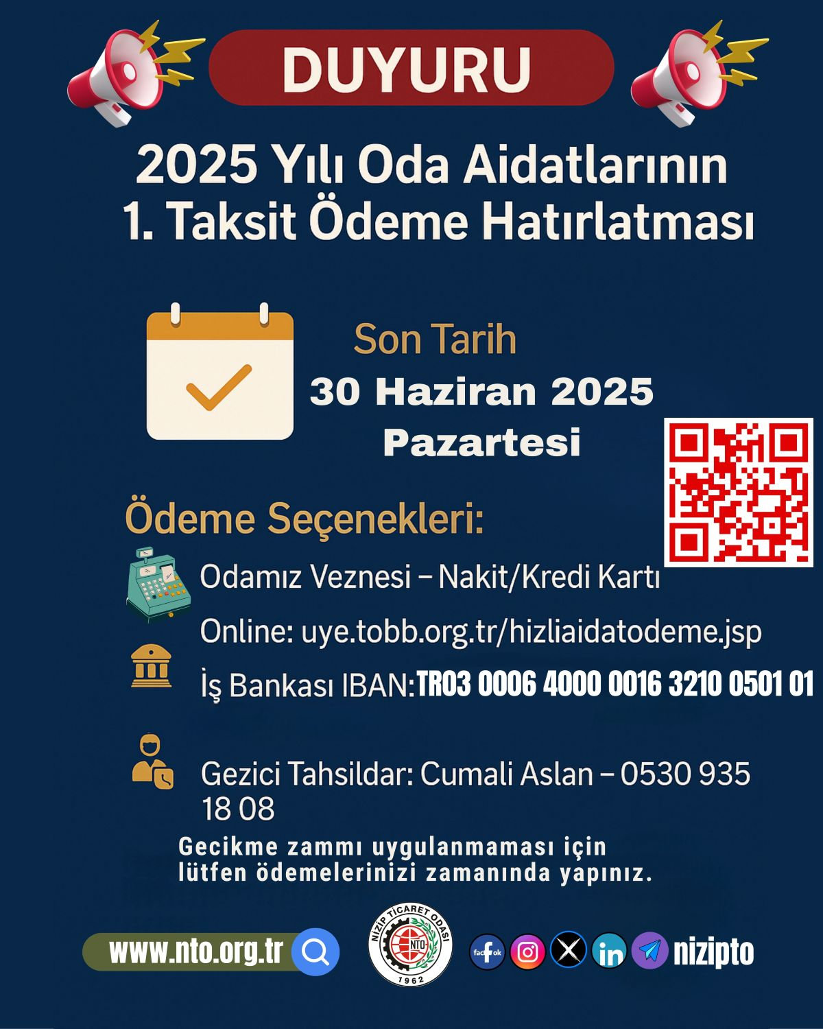 NTO AİDATLARI 1.TAKSİT ÖDEMELERİ İÇİN SON GÜN 30 HAZİRAN