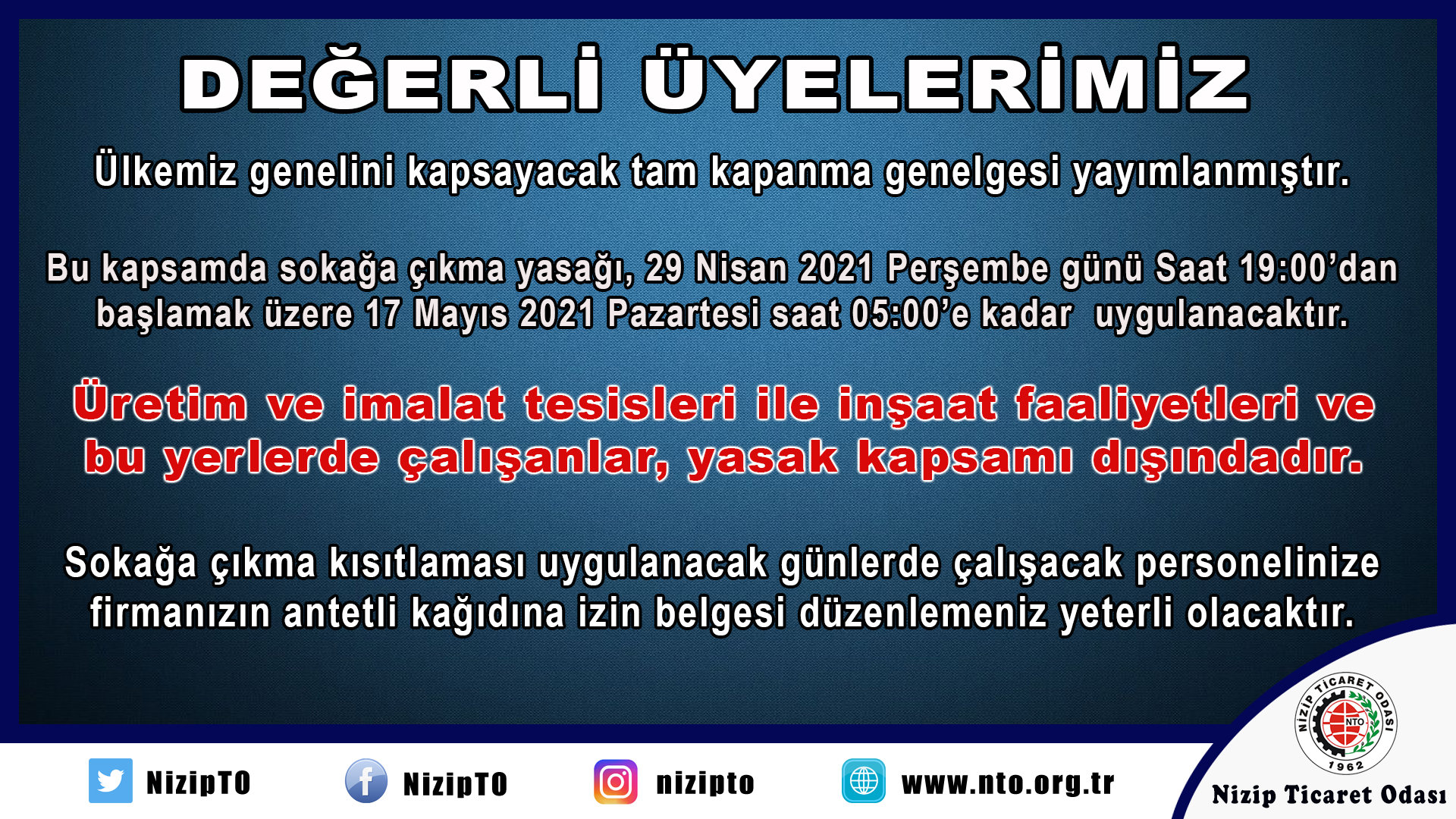 Ülkemiz Geneli Tam Kapanma Genelgesi Yayımlandı
